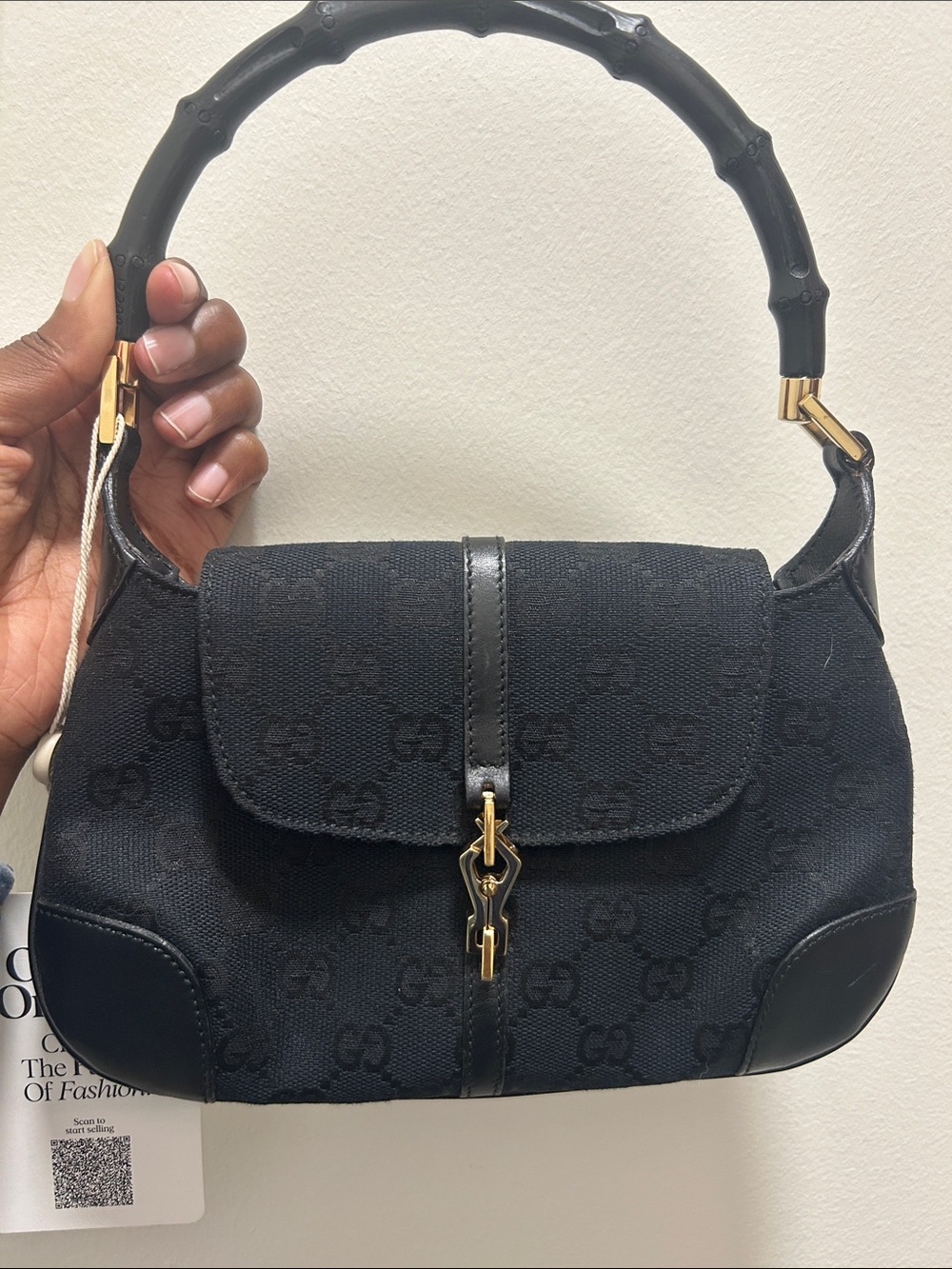 Gucci Black Monogram Bamboo-Handle Shoulder Bag with Gold Hardware